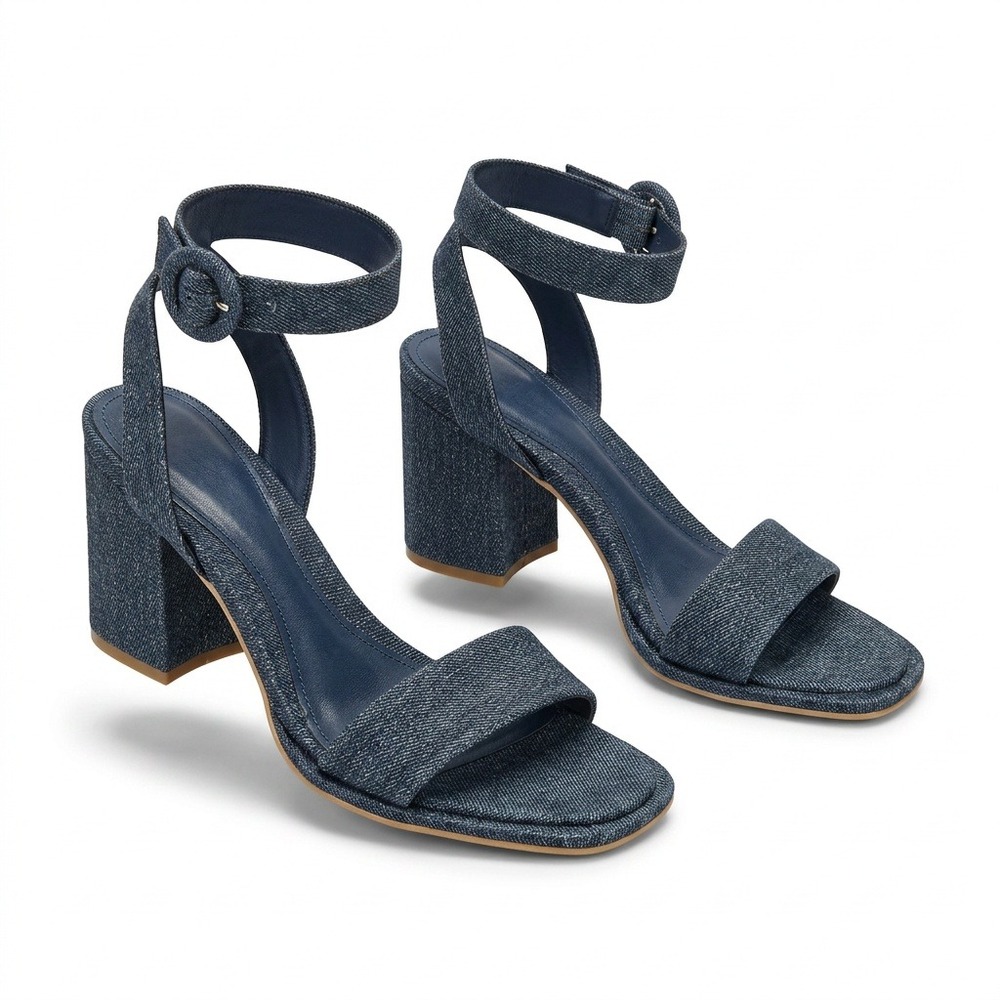 D'Amelio Footwear Womens Denim Block Heel Ankle Strap Sandals Square Toe Blue 8M